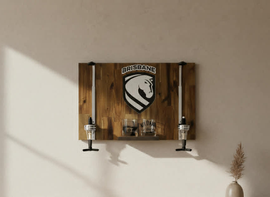 Wall Mounted Spirit Dispenser – Brisbane Team | Double Bottle Bar Display (600mm x 400mm)