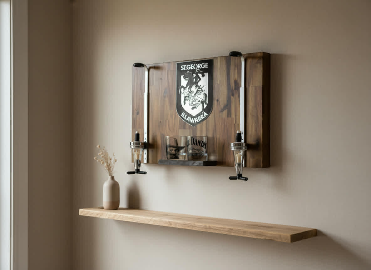 Wall Mounted Spirit Dispenser – ILLAWARRA Team | Double Bottle Bar Display (600mm x 400mm)