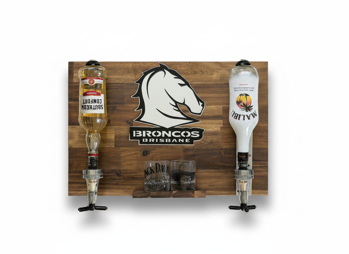 Wall Mounted Spirit Dispenser – Brisbane Team | Double Bottle Bar Display (600mm x 400mm)