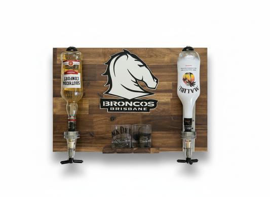 Wall Mounted Spirit Dispenser – Brisbane Team | Double Bottle Bar Display (600mm x 400mm)