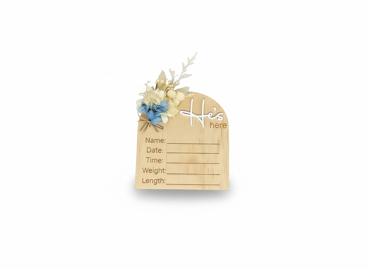 He’s Here Dried Floral Birth Announcement Plaque