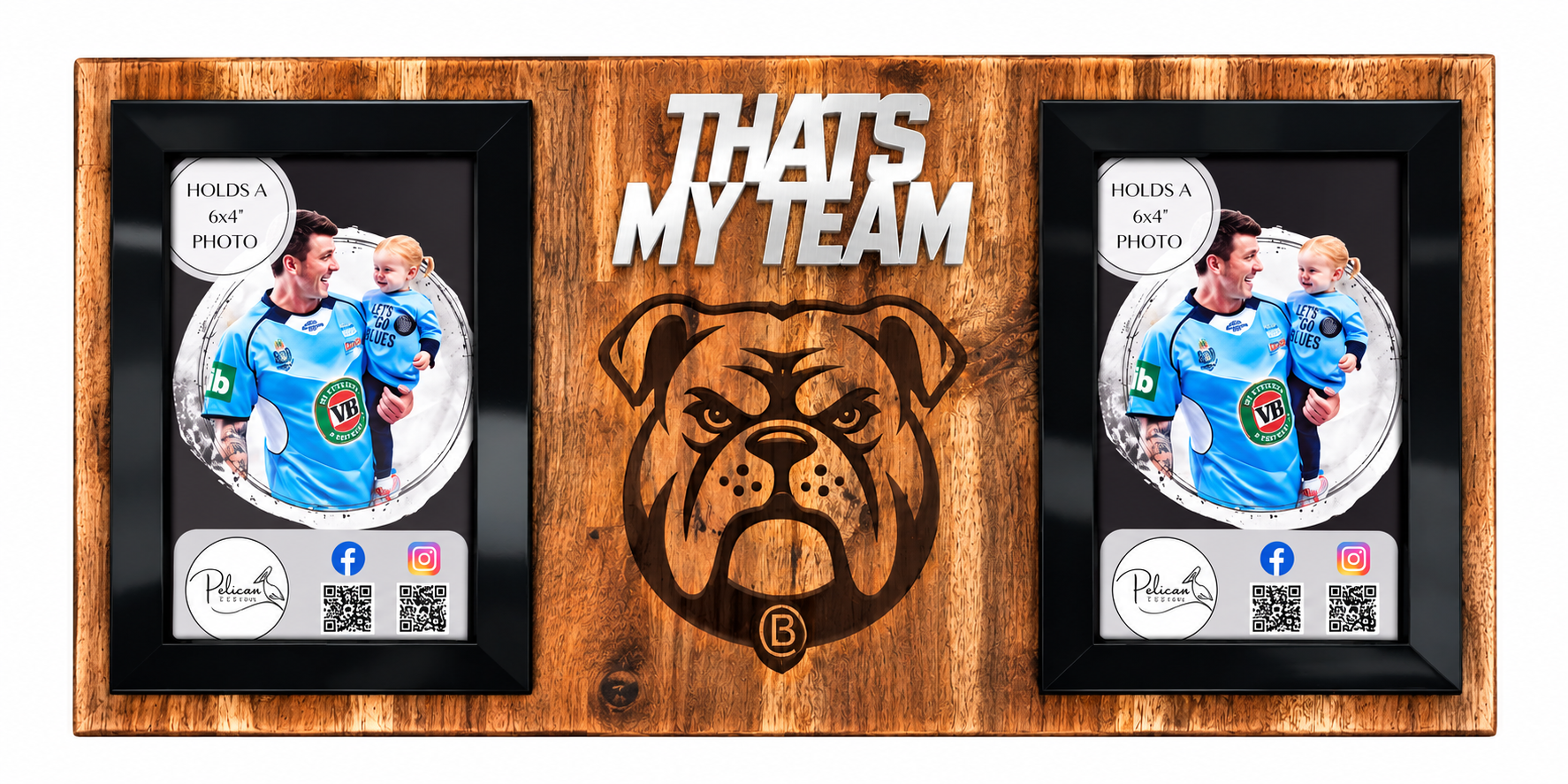 A custom wooden photo frame display with a rustic brown wood grain finish. The center features an engraved bulldog face with a 'B' logo underneath, above the text 'THATS MY TEAM' in bold white letters.