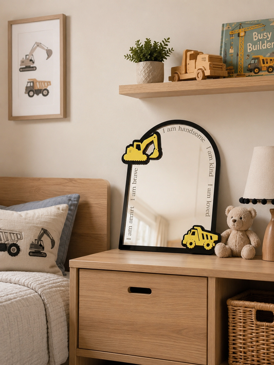 Construction Affirmation Mirror | Kids Acrylic Bedroom Mirror | 300mm