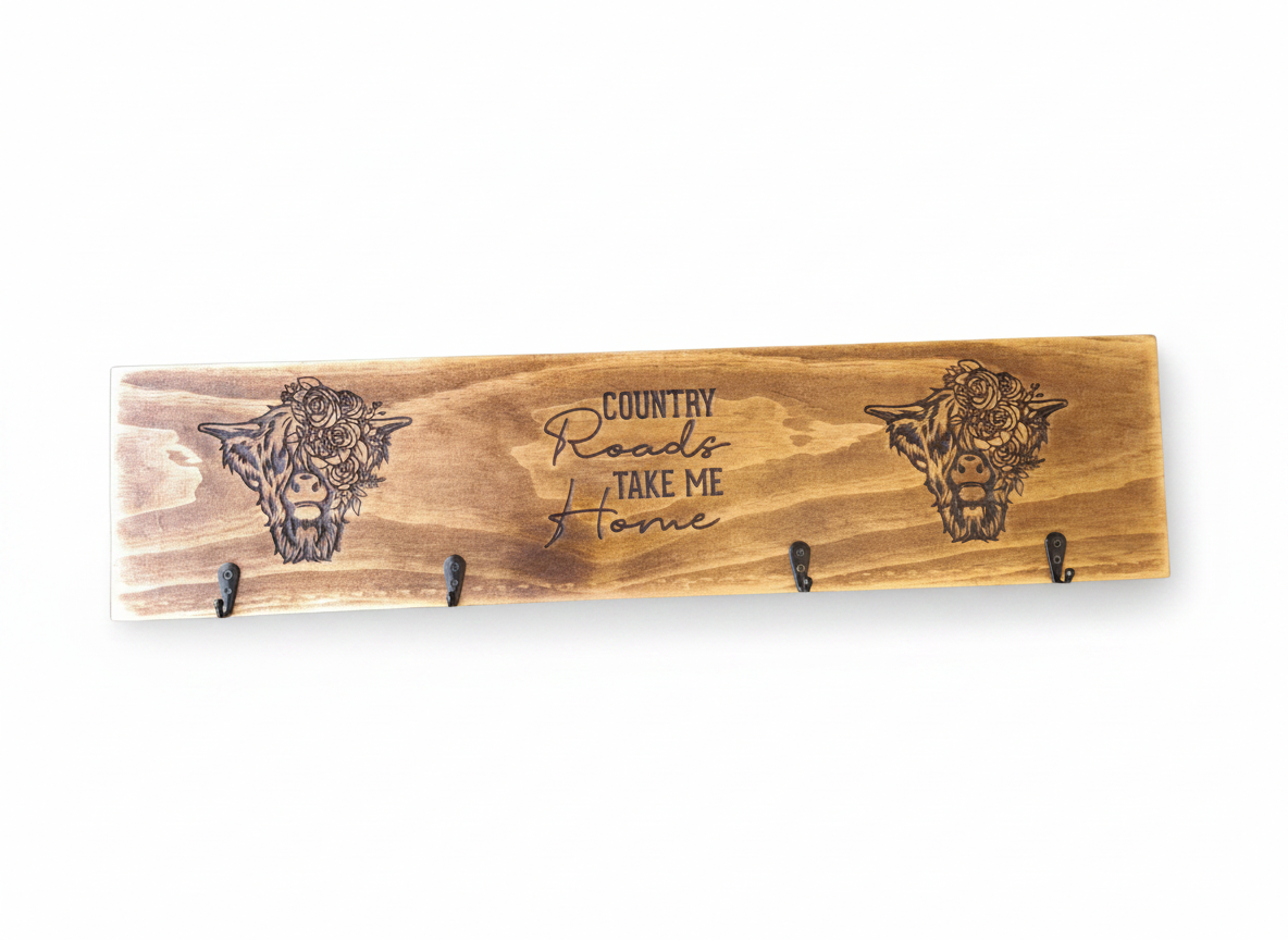 Timber Keyholder - Country Roads Take Me Home - Highland Cow