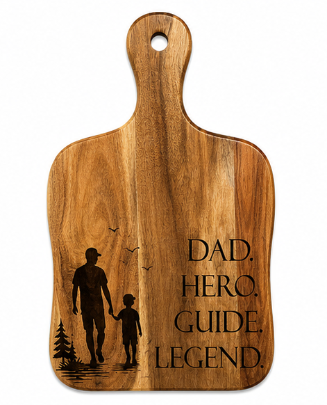 A wooden cutting board with a handle, featuring engraved black silhouettes of a father and child and the words 'DAD HERO GUIDE LEGEND'. 