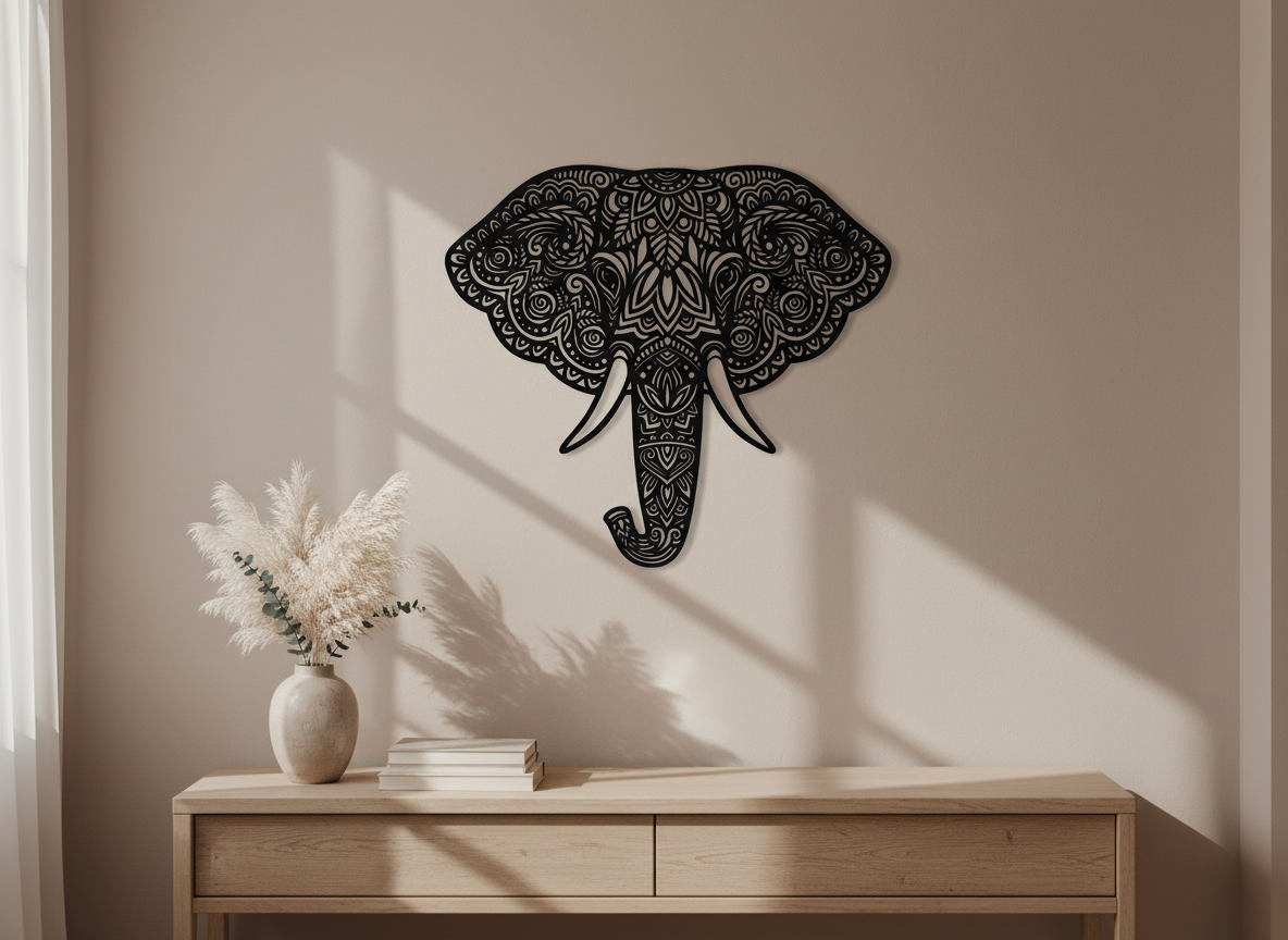 Mandala elephant acrylic wall art lifestyle shot on neutral wall