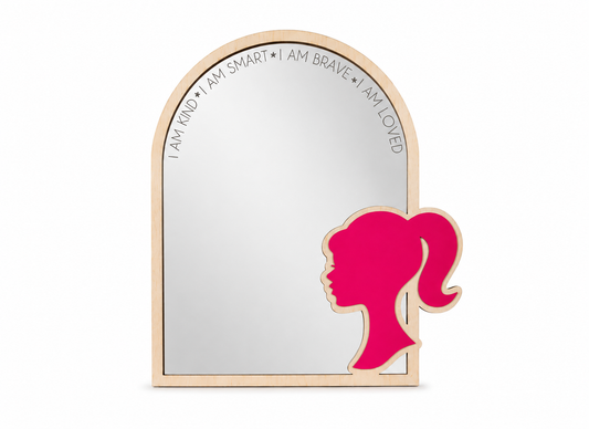 Wooden fashion doll affirmation mirror with acrylic mirror and layered pink silhouette for a stylish girls bedroom.