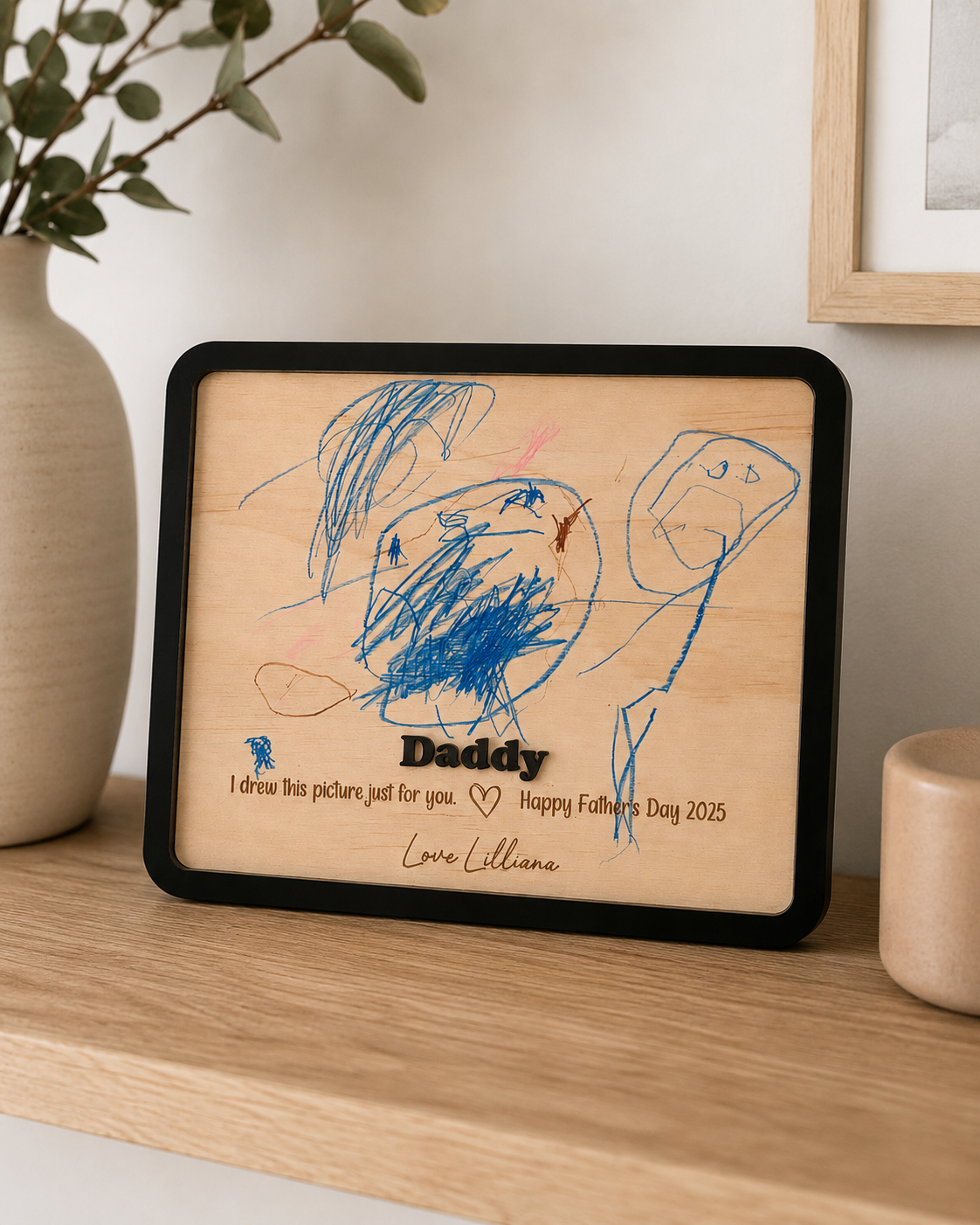 Personalised wooden keepsake plaque with black acrylic frame featuring a child's drawing and custom title including Dad, Daddy, Pop, Poppy, Pa, Opa, Grandpa or Grandad.