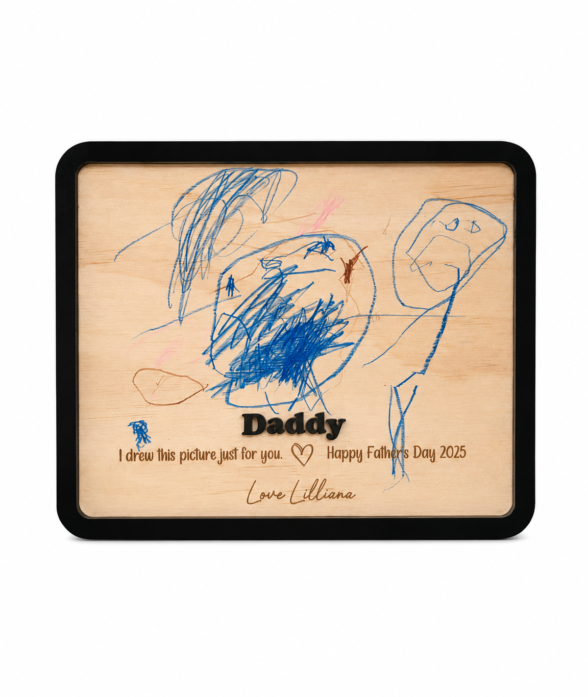Personalised wooden keepsake plaque with black acrylic frame featuring a child's drawing and custom title including Dad, Daddy, Pop, Poppy, Pa, Opa, Grandpa or Grandad.