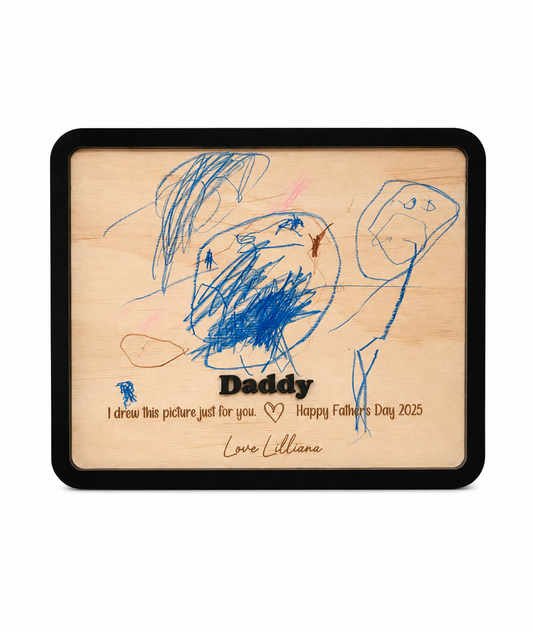 Personalised wooden keepsake plaque with black acrylic frame featuring a child's drawing and custom title including Dad, Daddy, Pop, Poppy, Pa, Opa, Grandpa or Grandad.