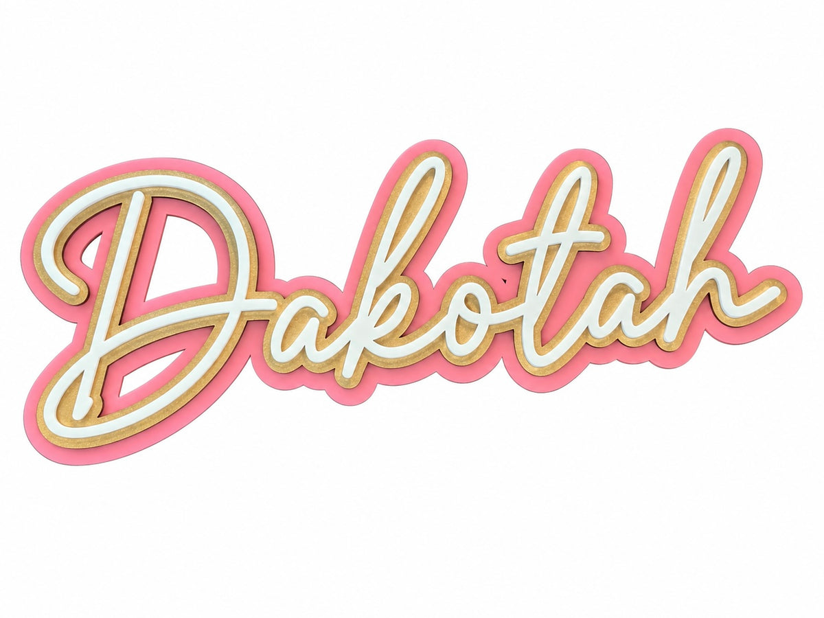 A stylized cursive word sign reading "Dakotah" in white with a pink outer outline and a gold inner border, shown on a plain white background.