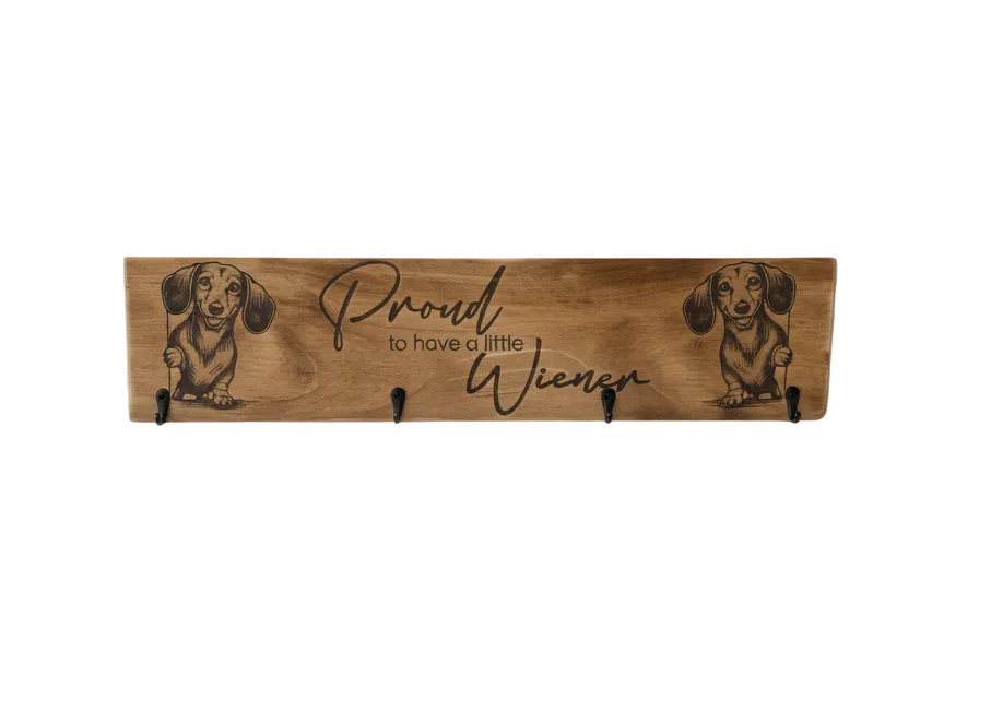 Funny wooden Dachshund key holder engraved with the phrase "Proud to Have a Little Wiener", featuring hooks for keys and dog leads, handmade in Australia.
