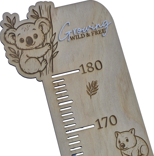 Growing Wild & Free personalised wooden growth chart for children's bedrooms measuring 65 cm–180 cm