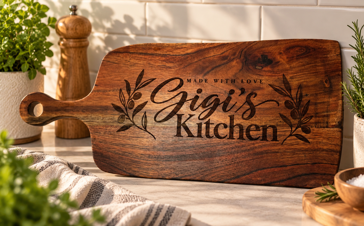 Acacia wood serving board engraved with Gigi's Kitchen, Made With Love lettering and botanical detailing. Personalised kitchen gift for Gigi.