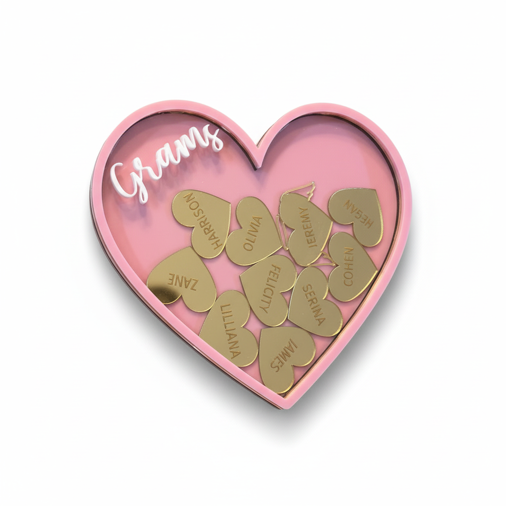Personalised shaker heart fridge magnet with mirror gold name hearts
