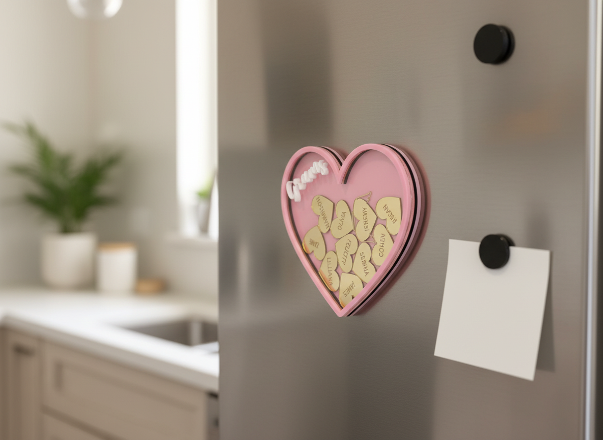 Acrylic shaker heart magnet on fridge lifestyle photo
