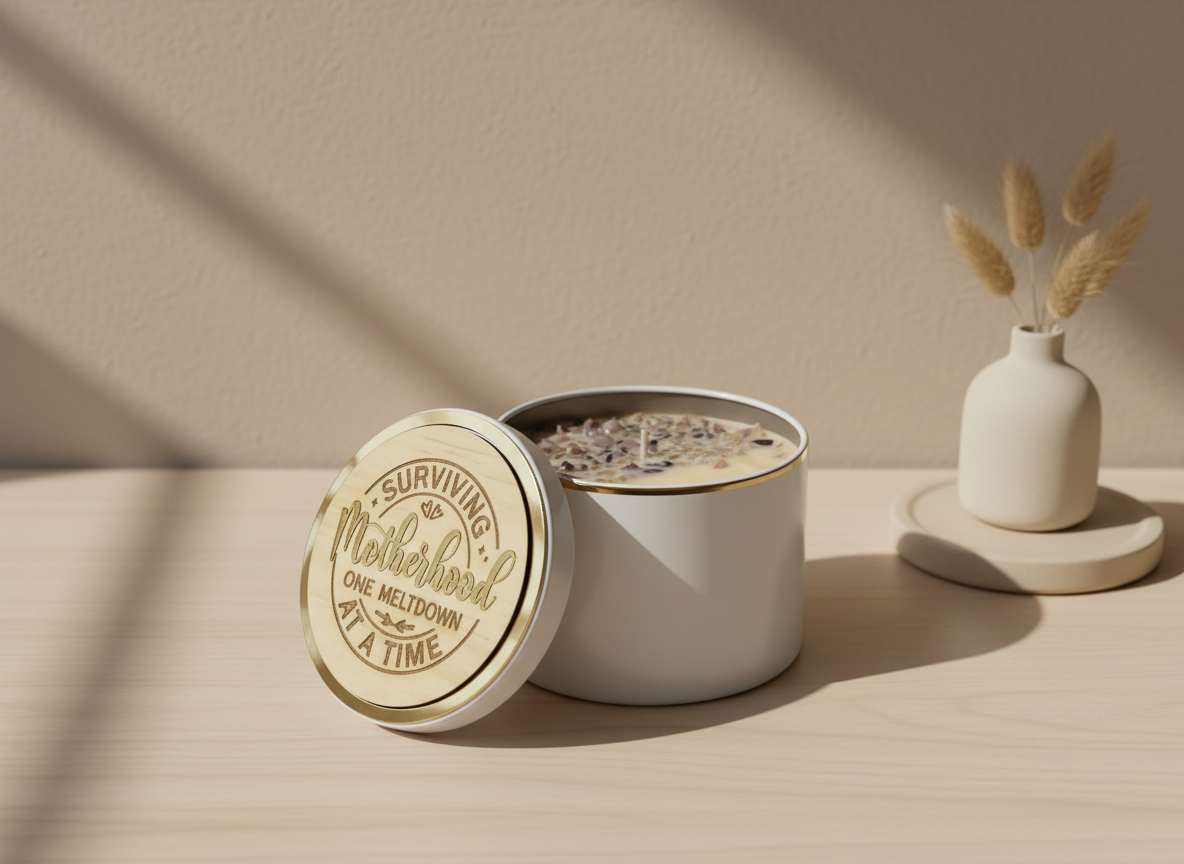 Custom Lemon Myrtle Candle with Amethyst Crystals – “Motherhood: Surviving One Meltdown at a Time”
