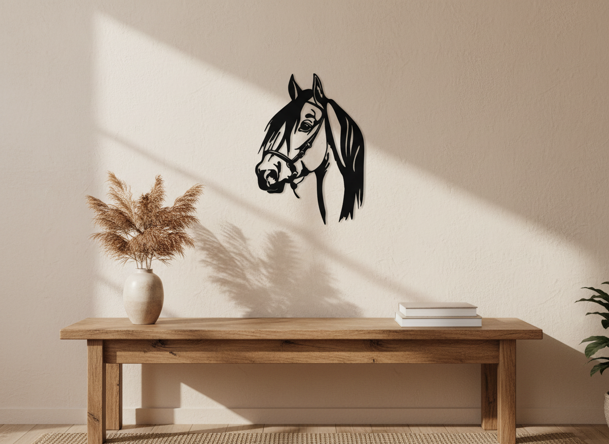 Horse head acrylic wall art lifestyle shot on neutral wall