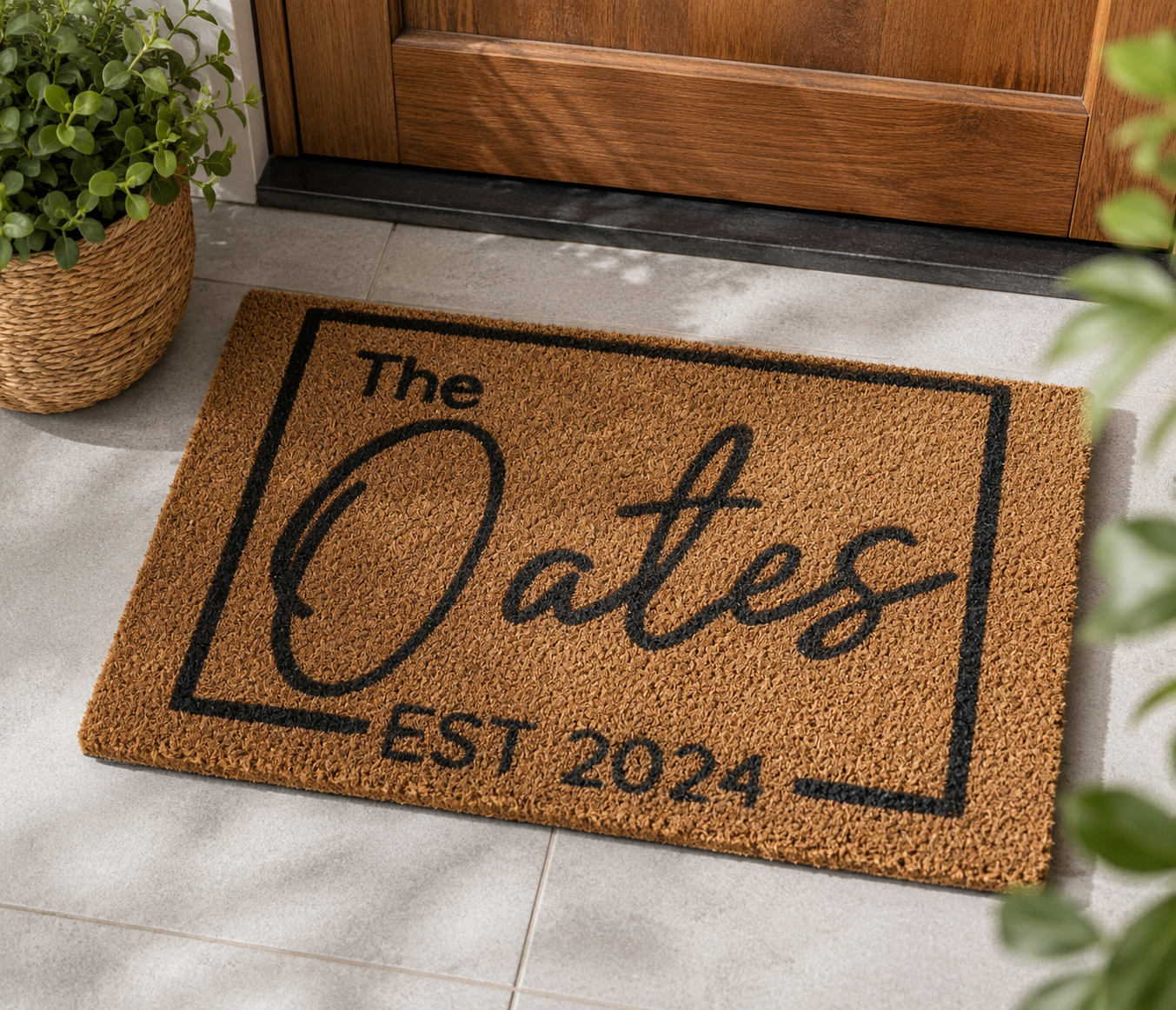 Custom personalised coir welcome mat featuring the Oates family name and established date 2024. Durable natural coir doormat for front door, housewarming gift and home entrance décor.
