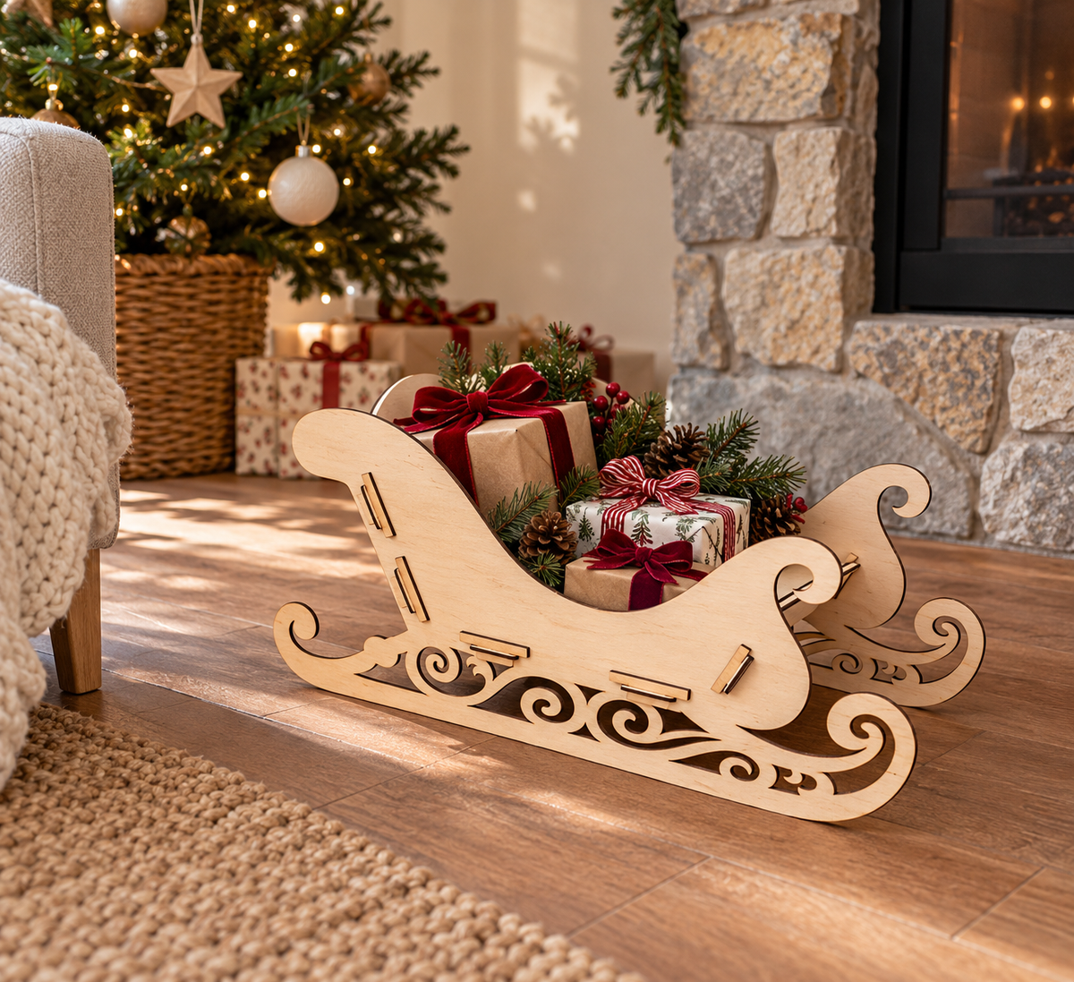 A light natural wood Christmas sledding decoration with ornate scrollwork cutouts, styled on a wooden floor in a cozy living room setting with wrapped gifts, a decorated Christmas tree, and a stone fireplace.