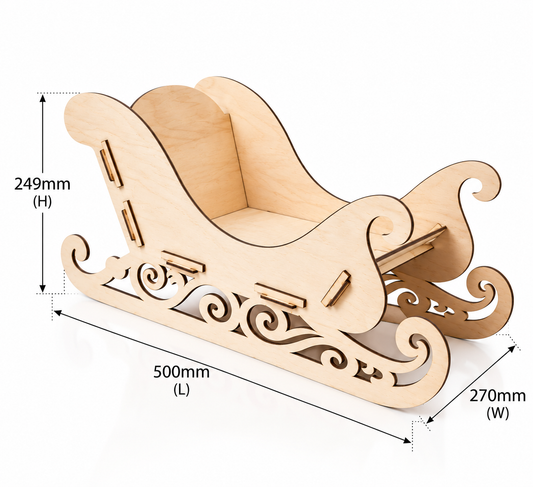 Laser-cut wooden sleigh decoration with dimension annotations showing height 249mm, length 500mm, and width 270mm on a white background.