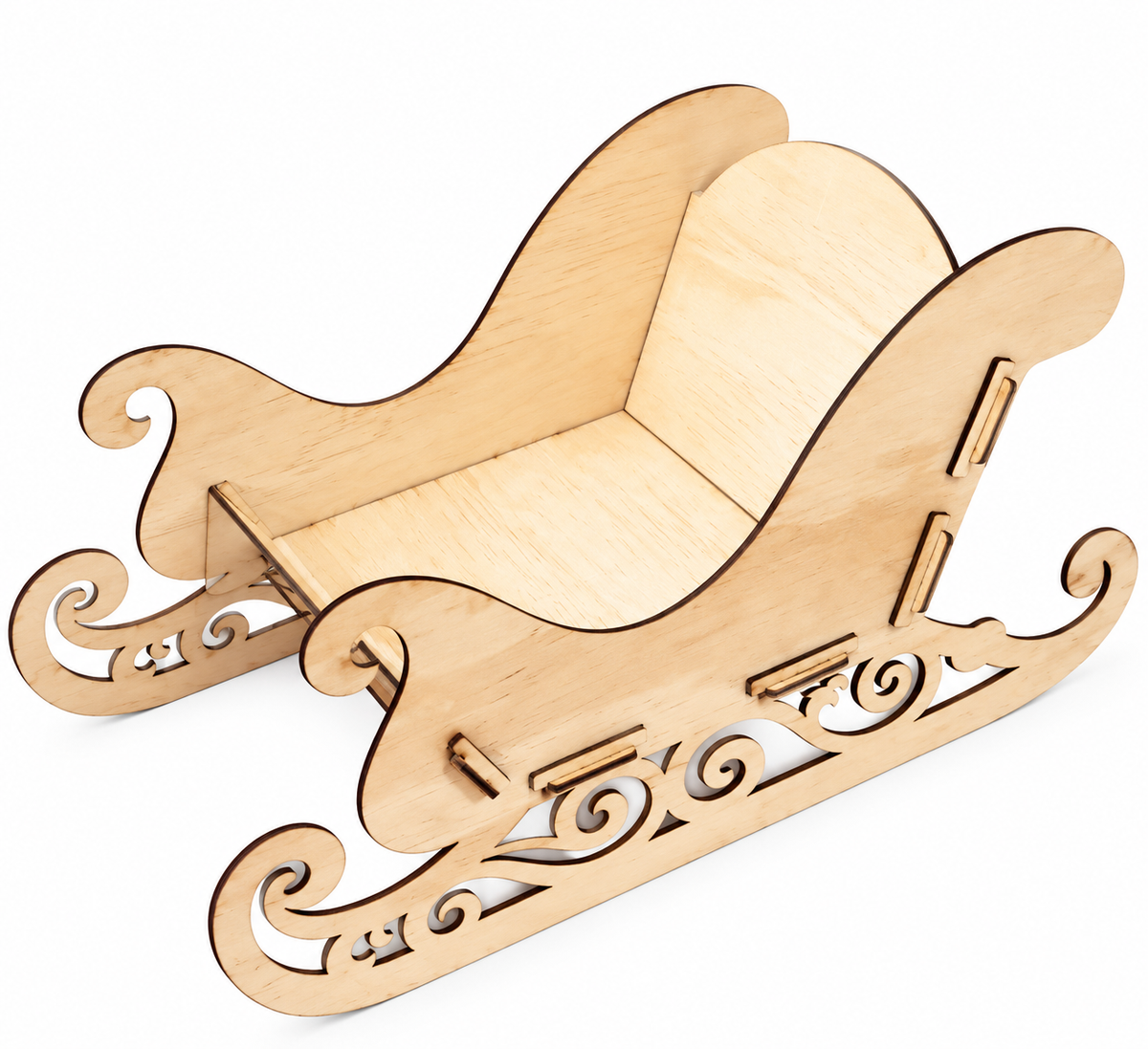 A miniature wooden toy sleigh, made from laser-cut light natural wood, shown on a clean white background.