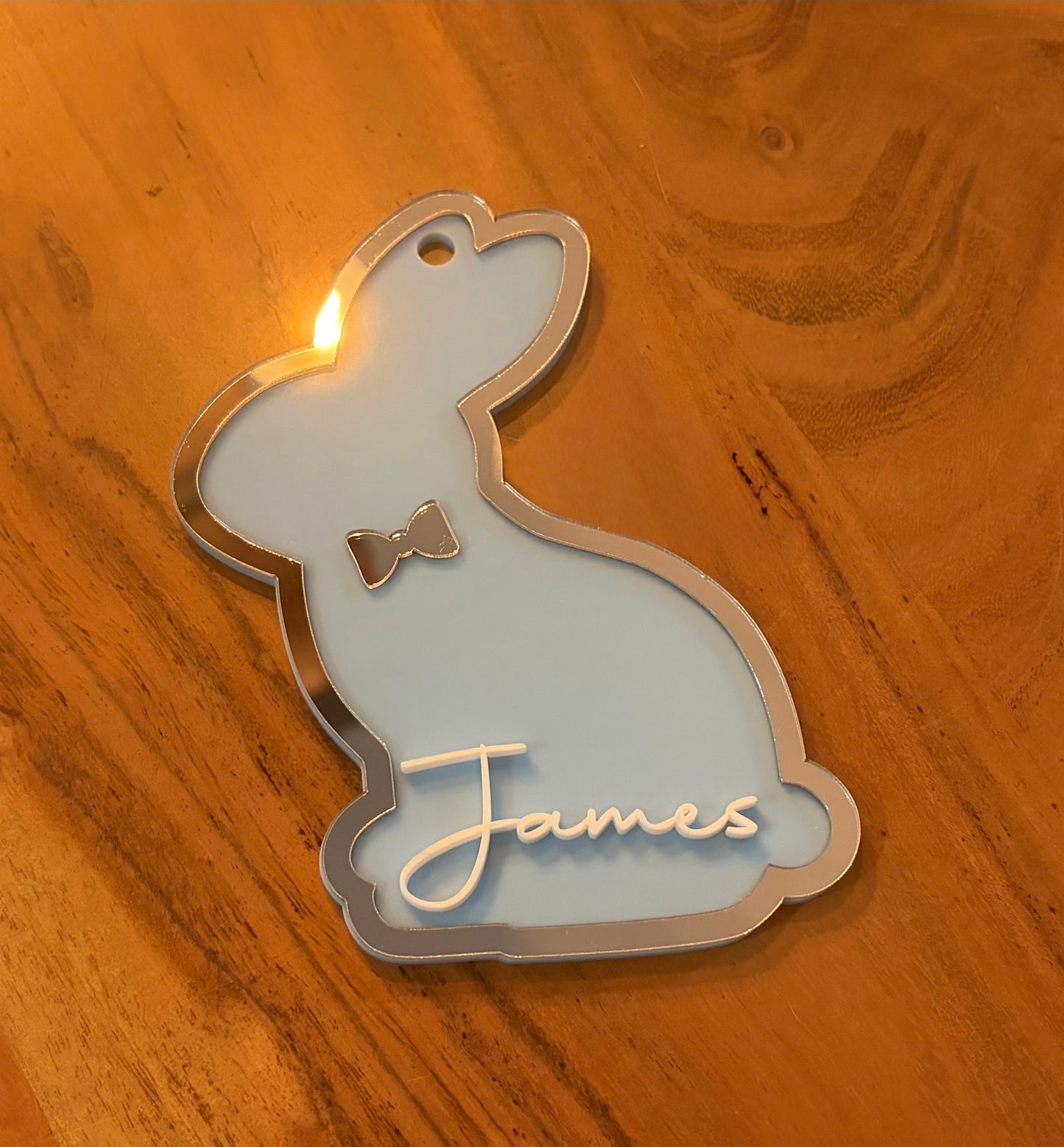 Personalised Bunny Acrylic Easter Tag – 3D Name, Mirror Acrylic (Gold/Silver/Rose Gold)