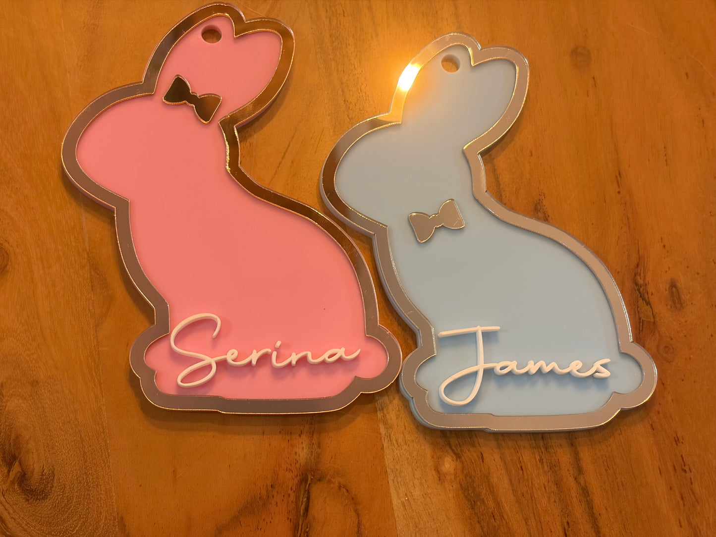 Personalised Bunny Acrylic Easter Tag – 3D Name, Mirror Acrylic (Gold/Silver/Rose Gold)