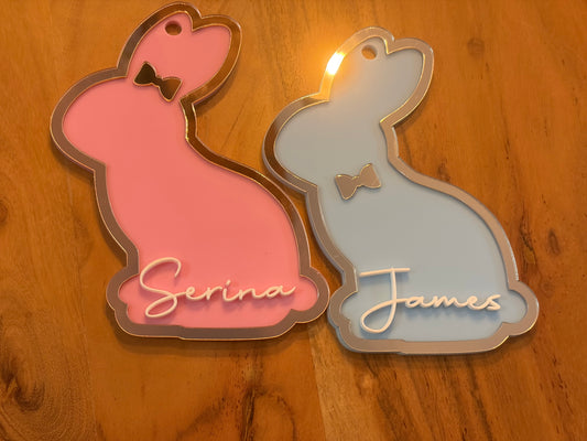 Personalised Bunny Acrylic Easter Tag – 3D Name, Mirror Acrylic (Gold/Silver/Rose Gold)