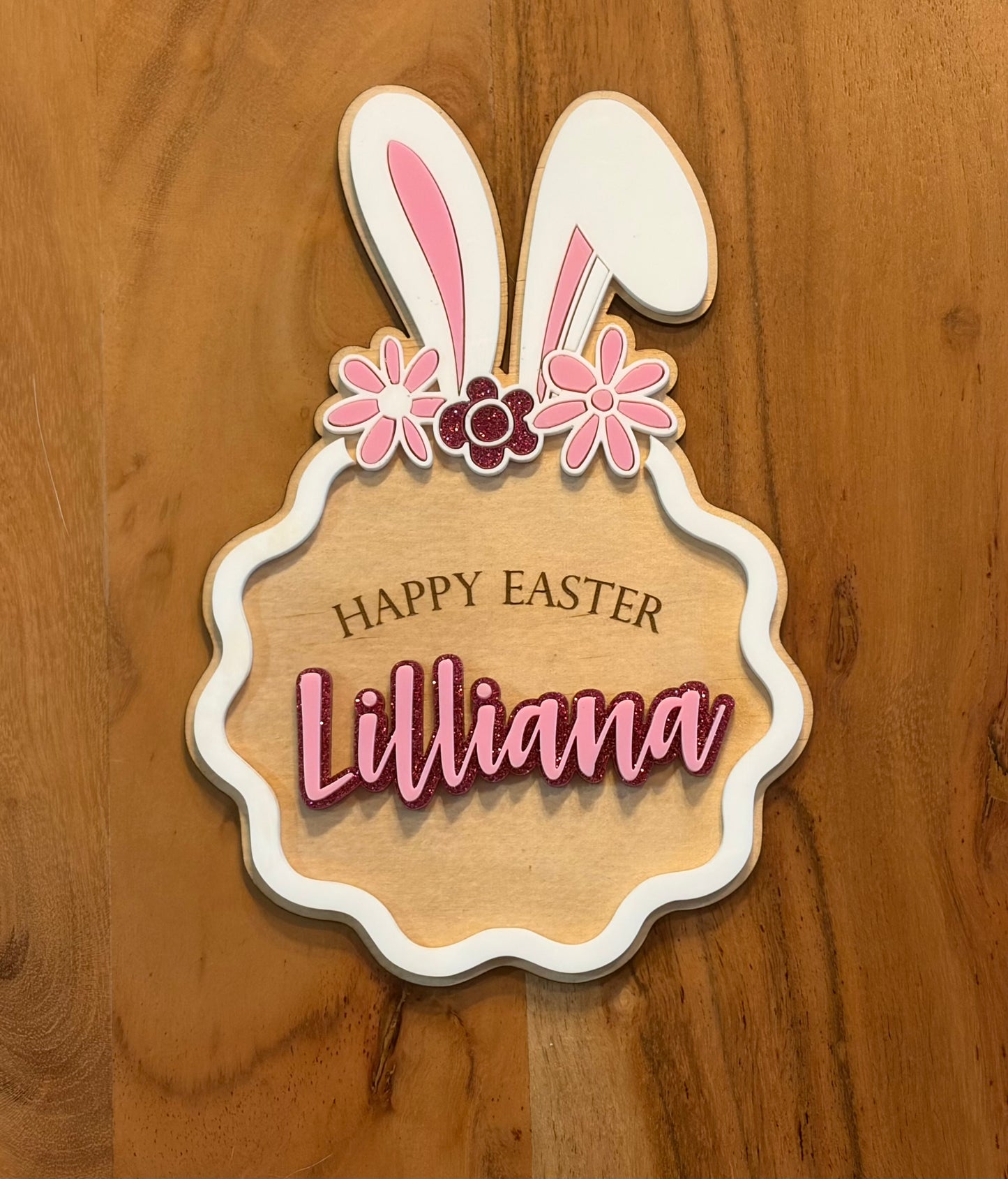 Personalised Easter Crate Plaque – Wavy Floral Bunny, 3D Acrylic Name (Plywood + Acrylic)