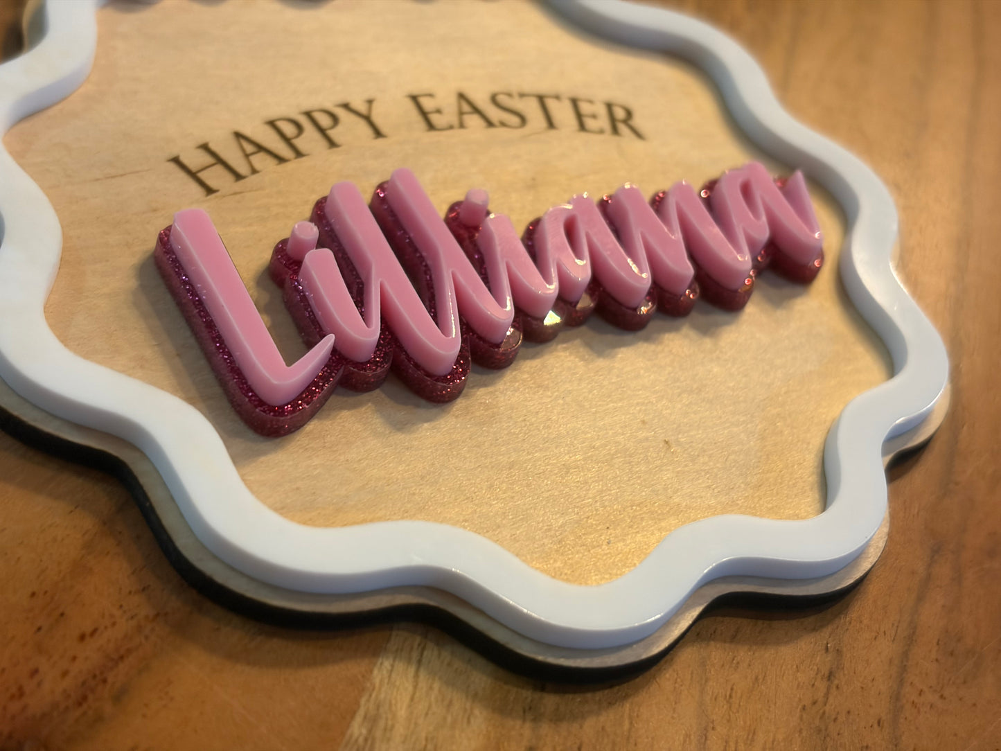 Personalised Easter Crate Plaque – Wavy Floral Bunny, 3D Acrylic Name (Plywood + Acrylic)