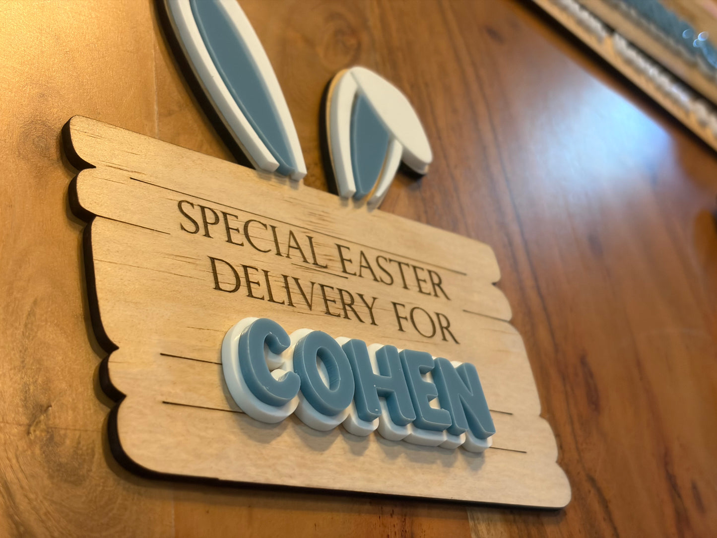 Personalised Easter Crate Tag – Rustic Plywood + Acrylic Bunny Ears, 3D Name
