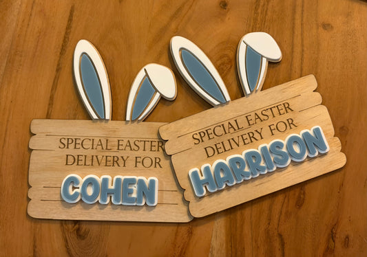 Personalised Easter Crate Tag – Rustic Plywood + Acrylic Bunny Ears, 3D Name