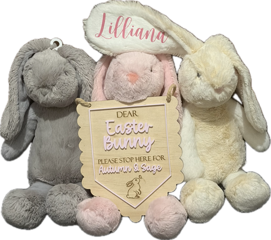Bunny Bundle – Personalised Bunny Plush + Personalised “Easter Bunny Stop Here” Sign (Easter Keepsake Set)