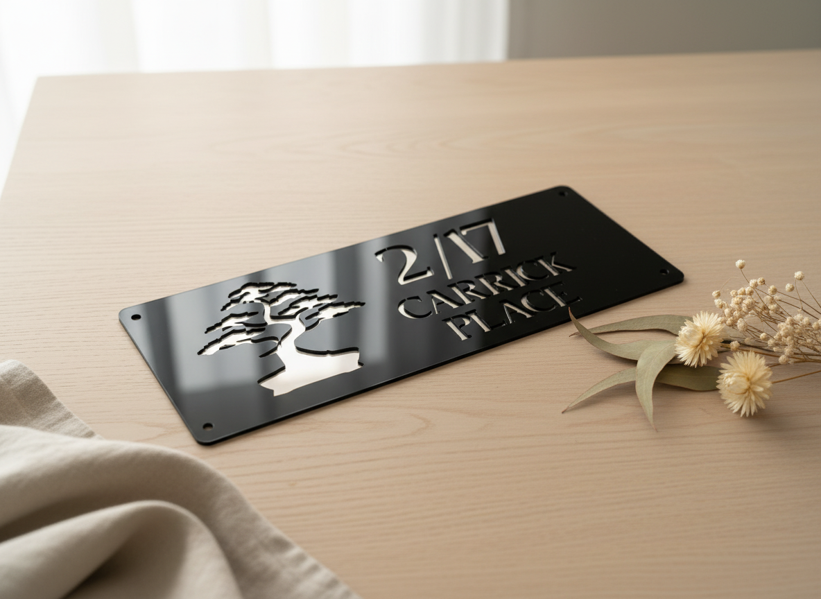 Custom acrylic house number plaque with bonsai tree cut-out, modern black layered design