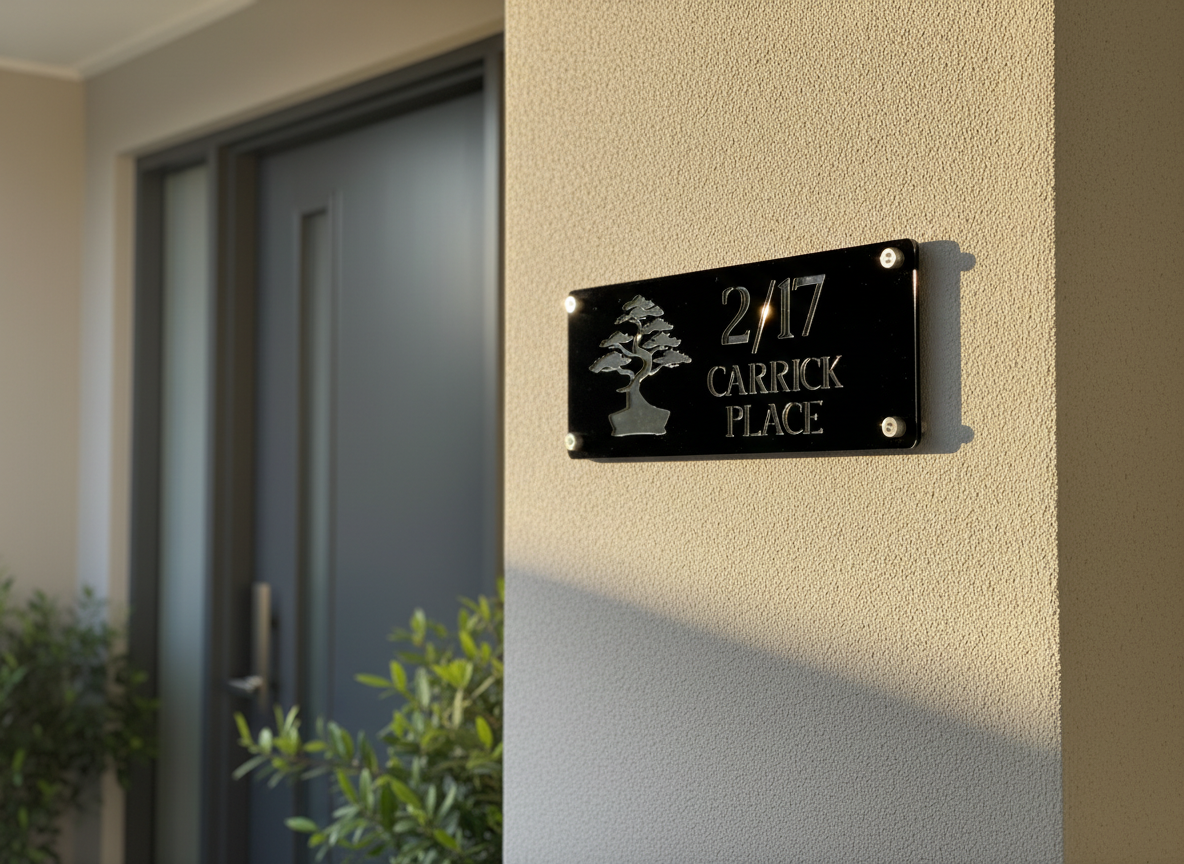 Personalised bonsai tree house sign in acrylic with custom house number and street name, mounted outdoors