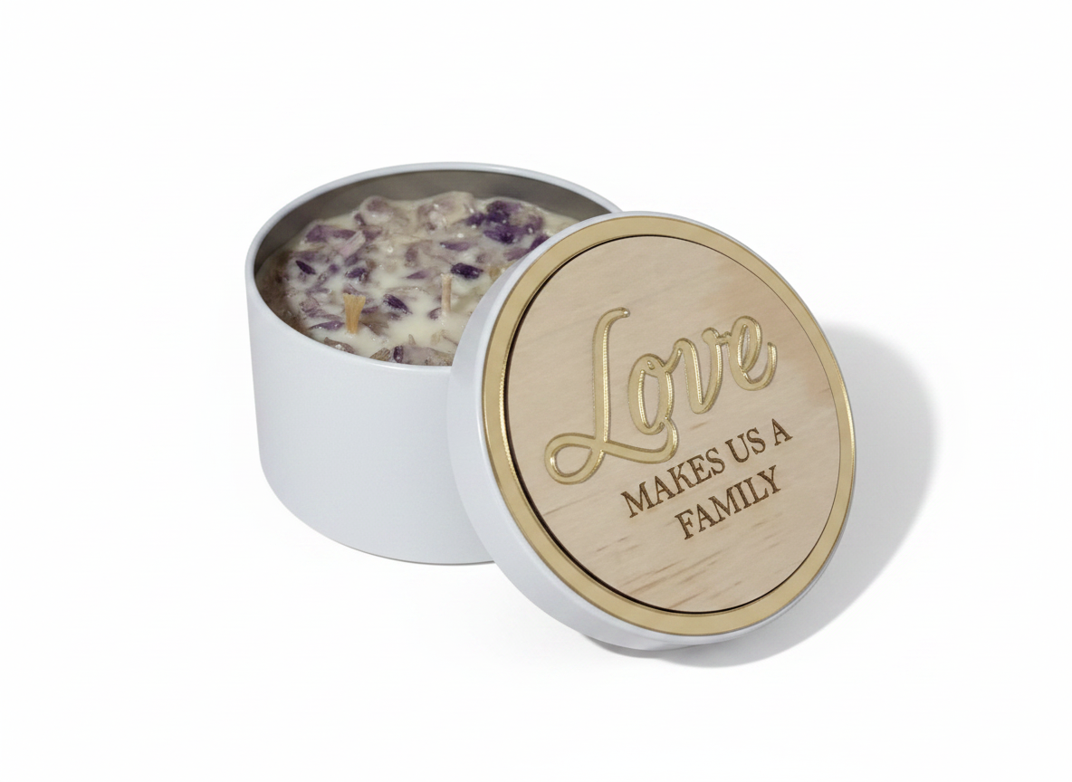Custom Lemon Myrtle Candle with Amethyst Crystals – “Love Makes Us a Family”