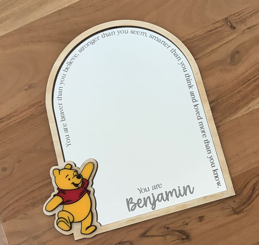 Winnie the Pooh affirmation mirror with engraved quote and personalised name Benjamin - flat lay