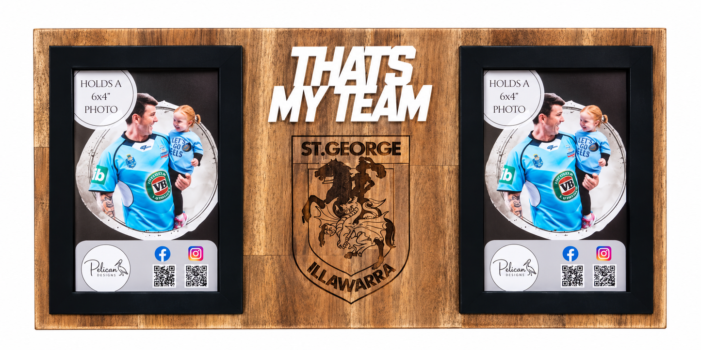 A custom wooden double photo frame display with a St. George Illawarra theme.