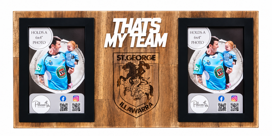A custom wooden double photo frame display with a St. George Illawarra theme.