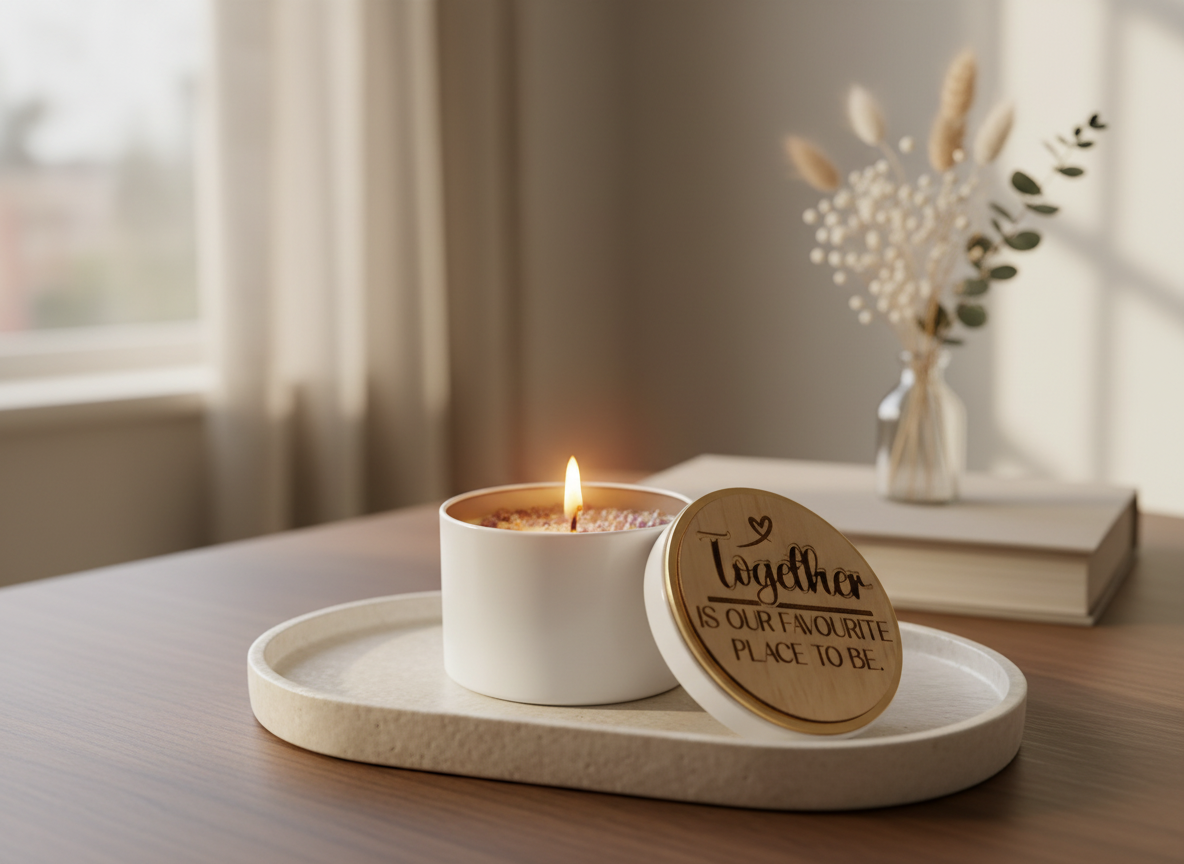 Custom Lemon Myrtle Candle with Amethyst Crystals – “Together is our favourite place to be”
