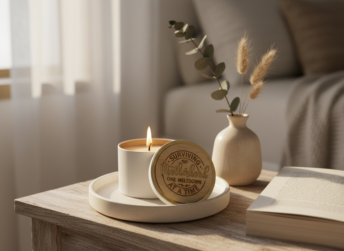 Custom Lemon Myrtle Candle with Amethyst Crystals – “Motherhood: Surviving One Meltdown at a Time”