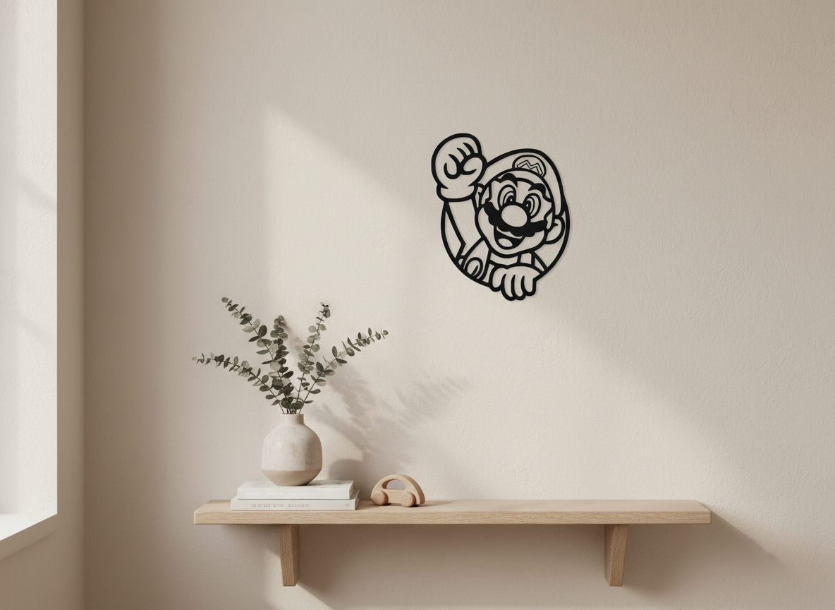 Retro gaming acrylic wall art character waving pose lifestyle shot on neutral wall