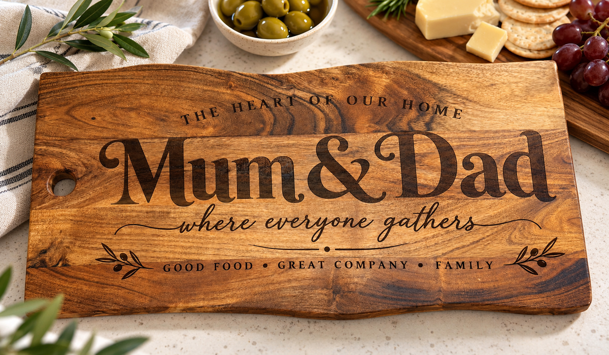 Natural acacia wood serving board engraved with The Heart of Our Home, Mum & Dad and Where Everyone Gathers, featuring decorative botanical details.