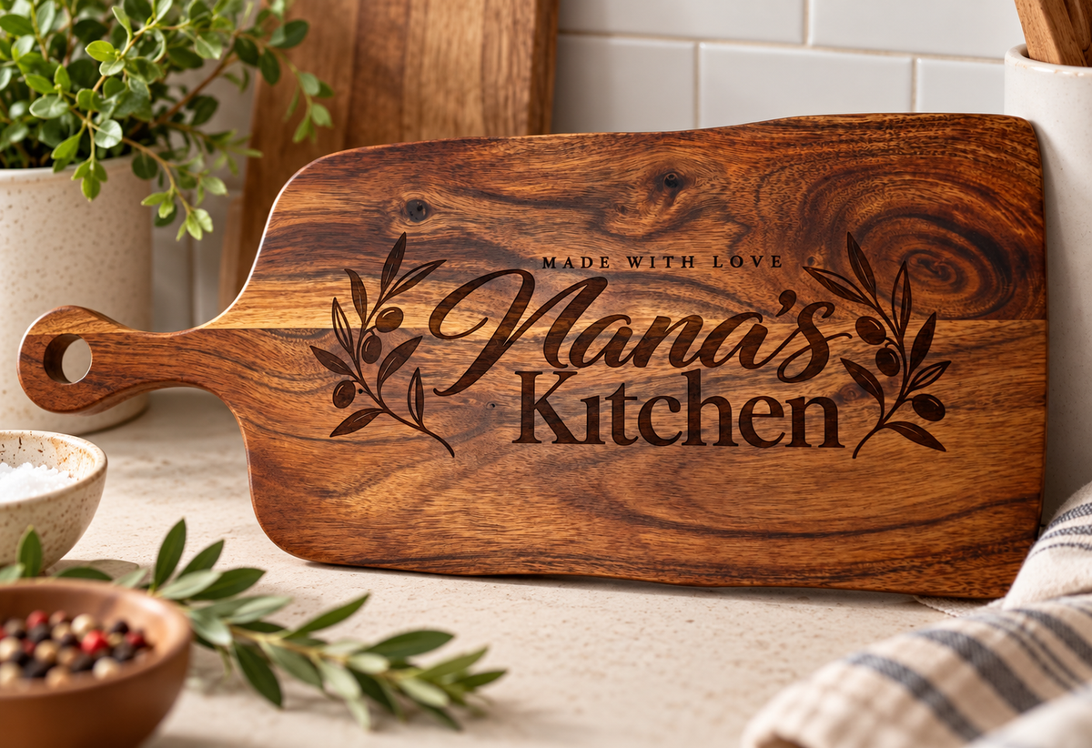 Engraved acacia wood serving board featuring Nana's Kitchen, Made With Love lettering and olive branch details. Personalised wooden gift for Nana.