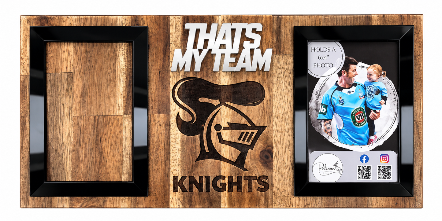 A custom wooden sports wall plaque featuring a black frame, a blank photo slot on the left, a custom photo on the right, and a central engraved section with the text 'THATS MY TEAM' and a stylized knight logo above 'KNIGHTS'.