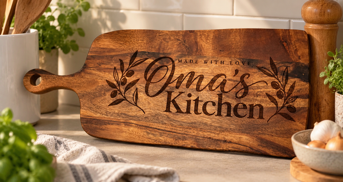 Personalised acacia wood serving board featuring Oma's Kitchen engraving with decorative olive branches. Thoughtful wooden kitchen gift for Oma.