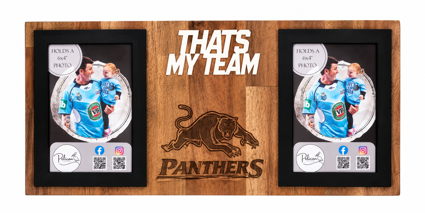 A custom wooden double-photo frame with black frames and a natural wood grain finish. The center features an engraved black panther logo and the text 'THATS MY TEAM' in white.