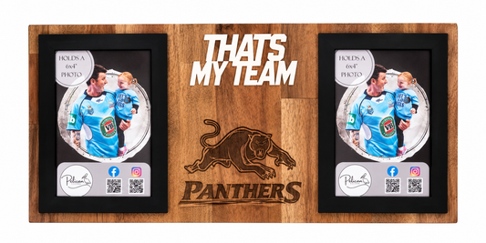 A custom wooden double-photo frame with black frames and a natural wood grain finish. The center features an engraved black panther logo and the text 'THATS MY TEAM' in white.