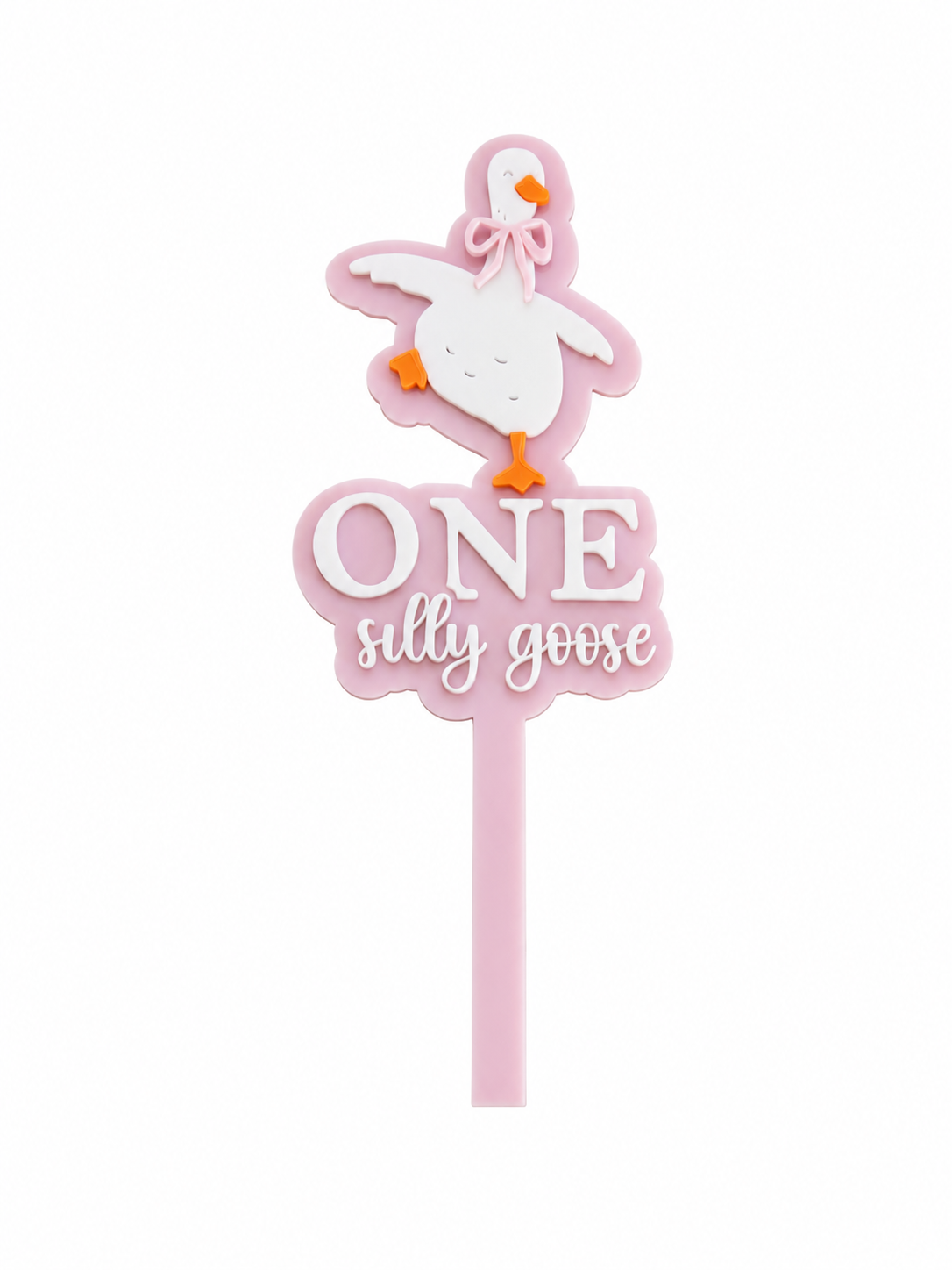 Personalised One Silly Goose layered acrylic cake topper in pink and white for a first birthday cake, measuring 228 mm high.